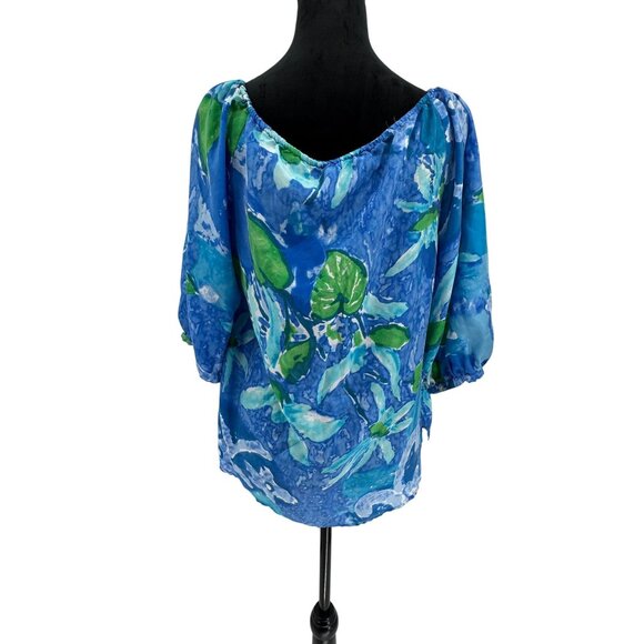 Lauren Ralph‎ Milkmaid Top Womens Size L Silk Floral Watercolor Drawstring Neck - Picture 6 of 7
